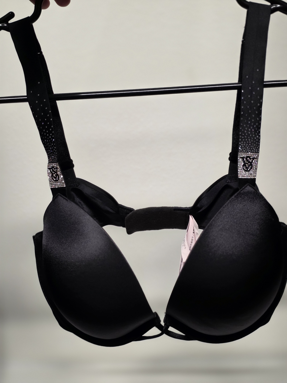 Victoria's Secret Black Satin Push-Up Bra with Rhinestone Strap Accents